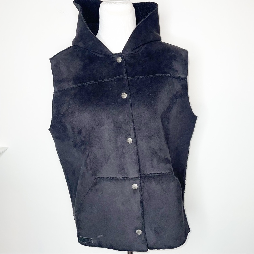 Ralph Lauren Vest Women's L Faux Suede Fleece Lined Hooded Black - Picture 2 of 10